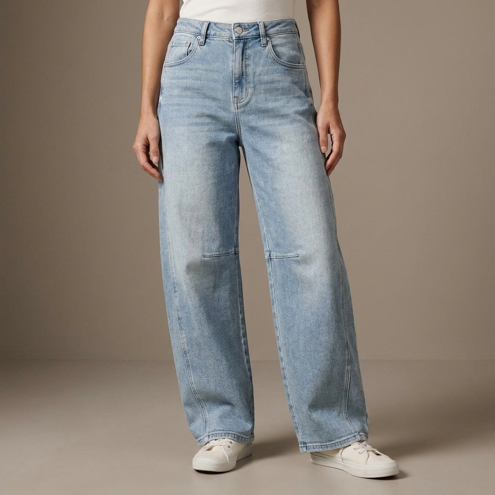 RISEN JEANS Women Wide Leg Barrel 15/32 (33/28) Light Blue Seamed Streetwear